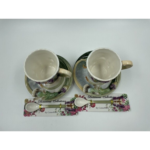 2-PC CORNER RUBY BOTANICAL COLLECTION COLIBRI TEA CUP  W BUTTERFLY SPOON SET N06 - Picture 4 of 10